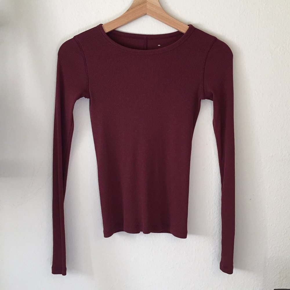 🧣 Everlane Pima Micro-Rib Long-Sleeve Crew in Brandy/Maroon
